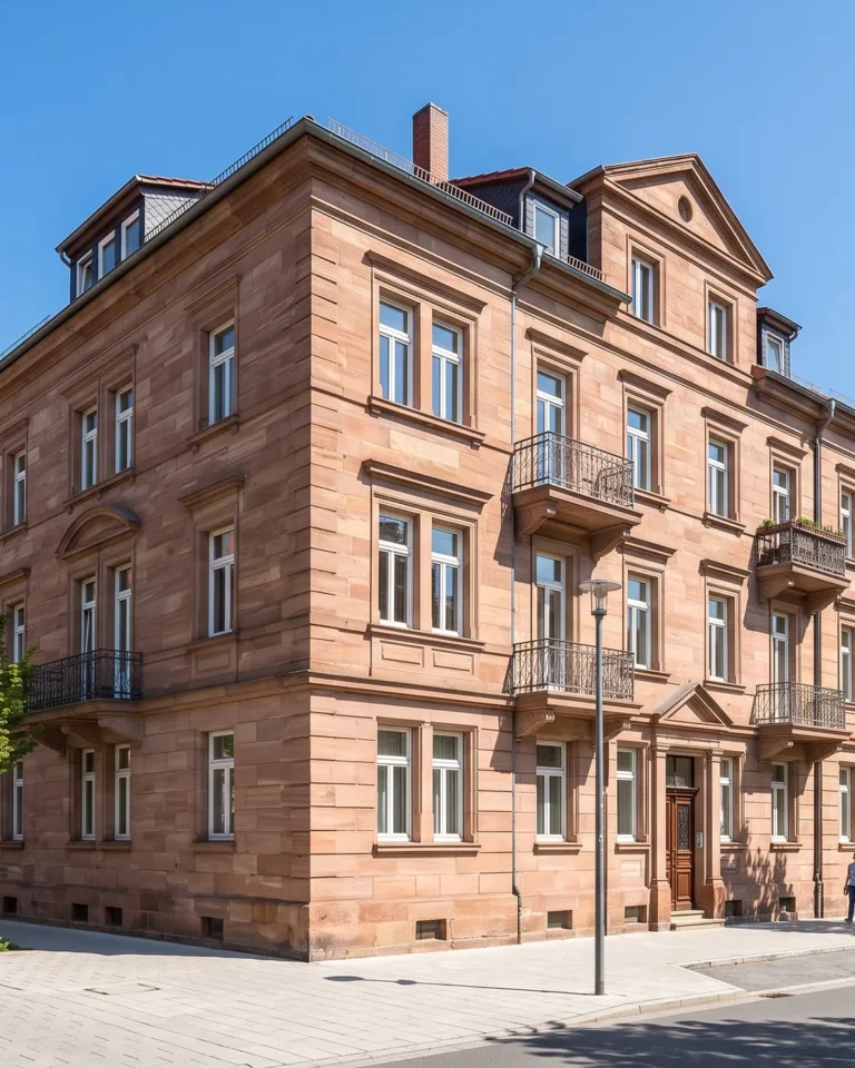 KI-Illustration eines Sandstein-Mehrfamilienhauses an einer Straßenecke; kein reales Referenzobjekt.