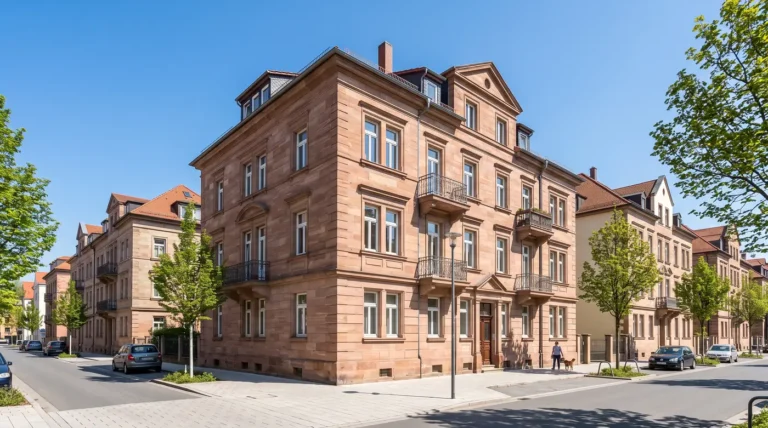 KI-Illustration eines Sandstein-Mehrfamilienhauses an einer Straßenecke; kein reales Referenzobjekt.