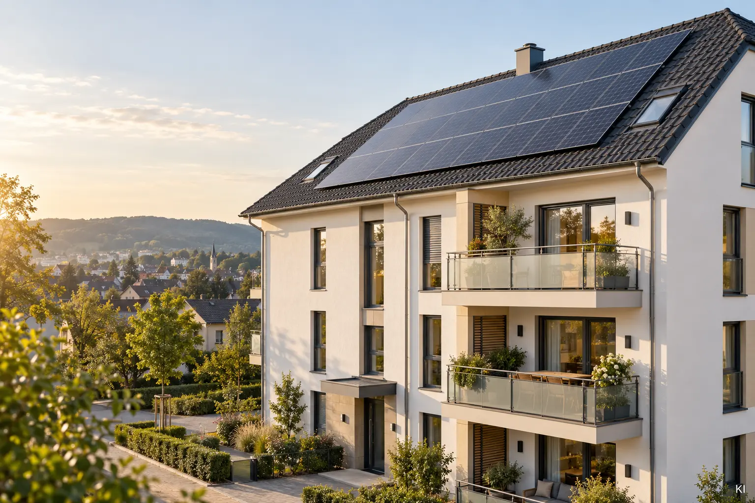 KI-Illustration eines Mehrfamilienhauses mit Photovoltaik; kein realisiertes Referenzprojekt.